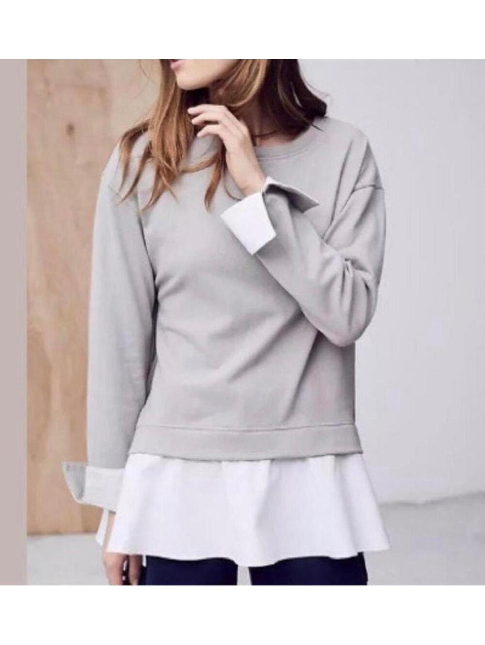 Eri + Ali Anthropologie Layered Sweatshirt Grey White Poplin Trim Pullover Small